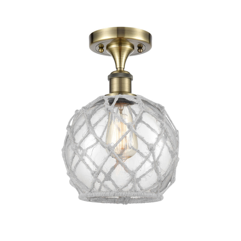 Innovations Farmhouse Rope 8in 1-Light Semi-Flush | Industrial Antique Brass and Clear Glass White Rope | Kitchen | Model 516-1C-AB-G122-8RW