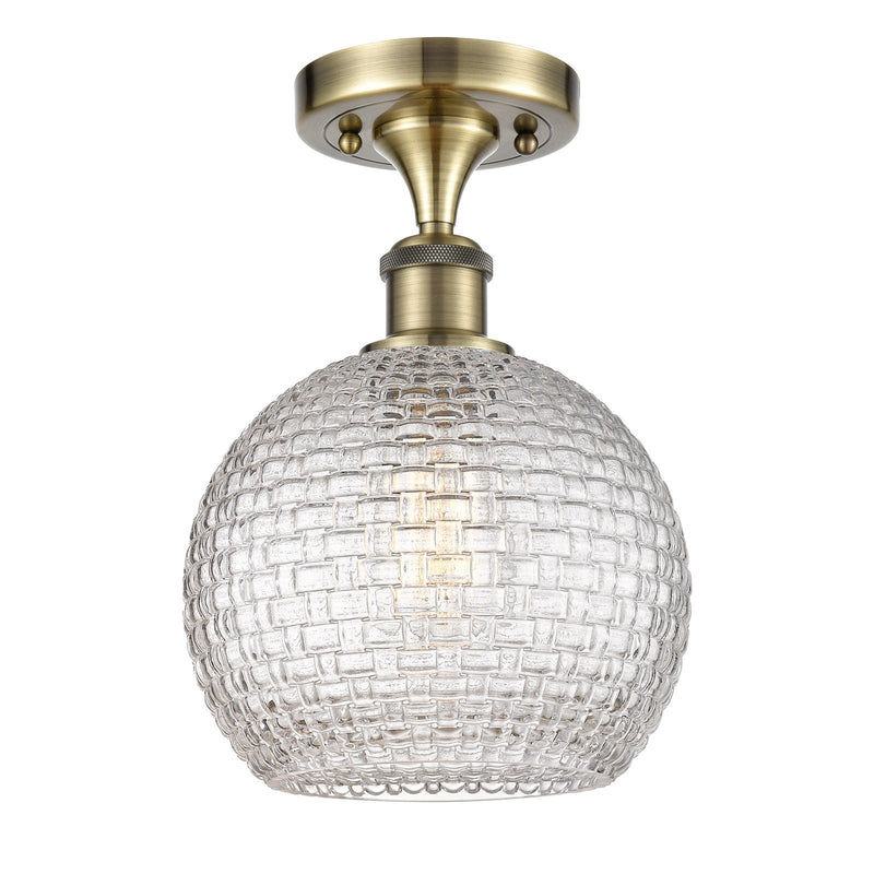 Innovations Athens 8in 1-Light Semi-Flush | Modern Antique Brass and Clear Basket Weave Glass | Kitchen & Hallway | Model 516-1C-AB-G122C-8CL