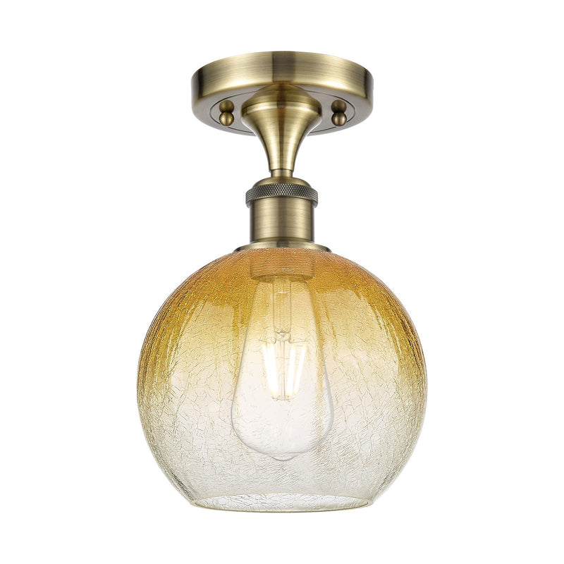 Innovations Brookhaven Globe 7.8in 1-Light Semi-Flush | Industrial Antique Brass and Amber Glass | Kitchen & Hallway | Model 516-1C-AB-G483-8AM