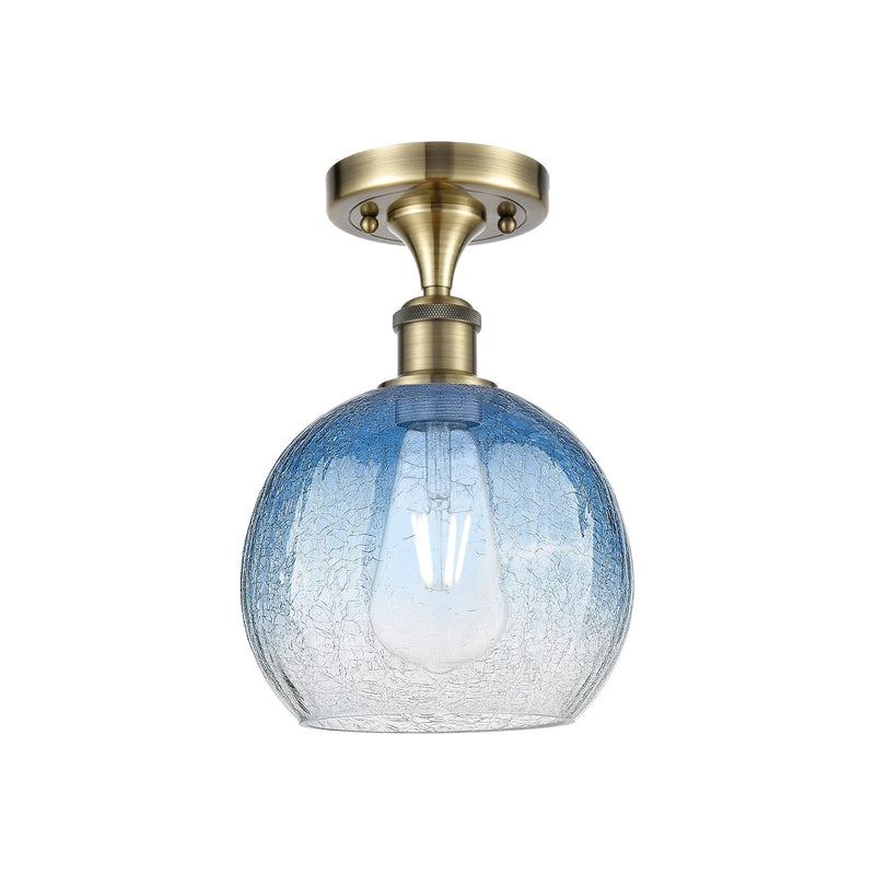 Innovations Brookhaven Globe 8in 1-Light Semi-Flush | Industrial Antique Brass and Sapphire Blue Glass | Bedroom & Hallway | Model 516-1C-AB-G483-8SB