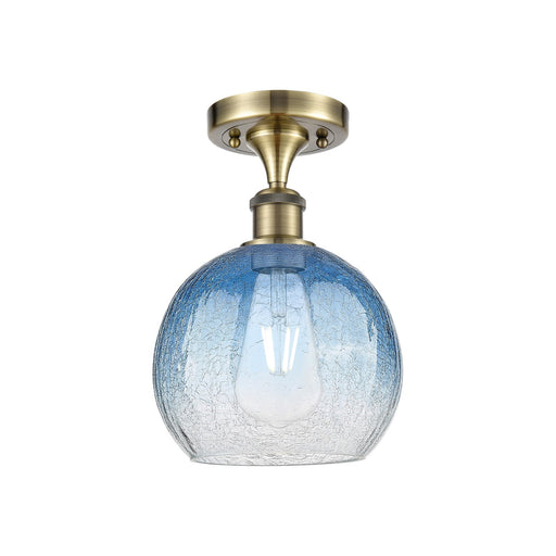 Innovations Brookhaven Globe 8in 1-Light Semi-Flush | Industrial Antique Brass and Sapphire Blue Glass | Bedroom & Hallway | Model 516-1C-AB-G483-8SB