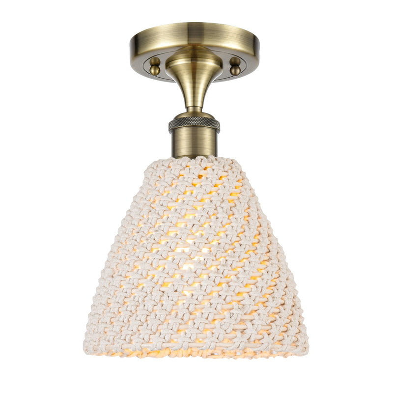 Innovations Bristol Natural 7.5in 1-Light Semi-Flush | Farmhouse Antique Brass and Natural Fiber Dome Shade | Hallway | Model 516-1C-AB-NBD-75-NAT