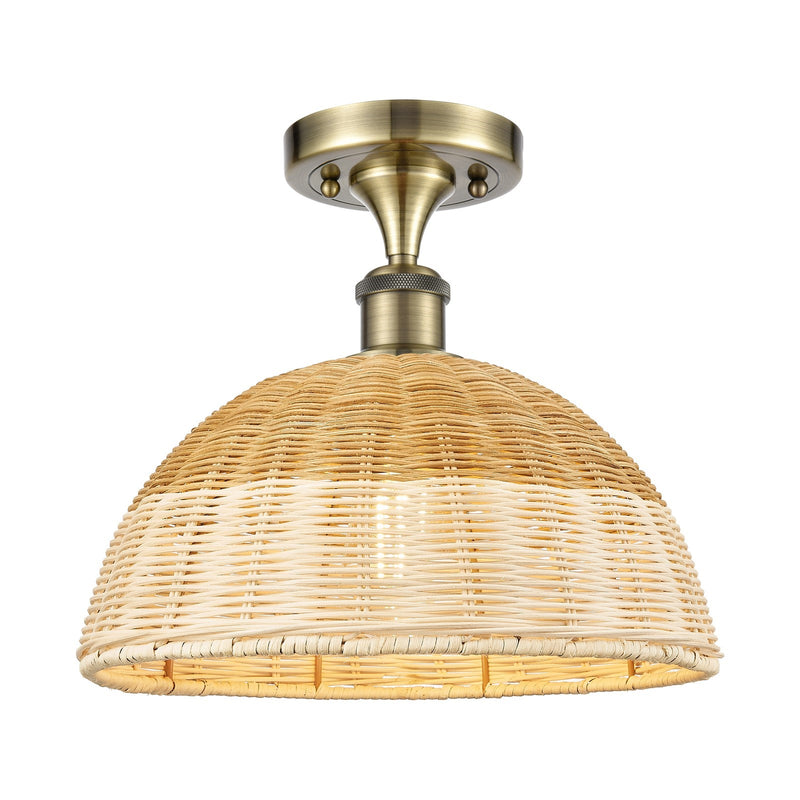 Innovations Bristol Natural II 12in 1-Light Semi-Flush | Industrial Antique Brass and Natural Fiber Dome | Entryway | Model 516-1C-AB-NBD2-12-NAT
