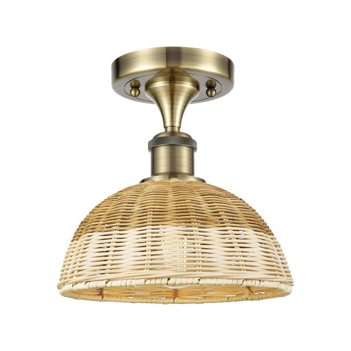 Innovations Bristol Natural II 9in 1-Light Semi-Flush | Industrial Antique Brass and Natural Fiber Dome Shade | Hallway | Model 516-1C-AB-NBD2-9-NAT