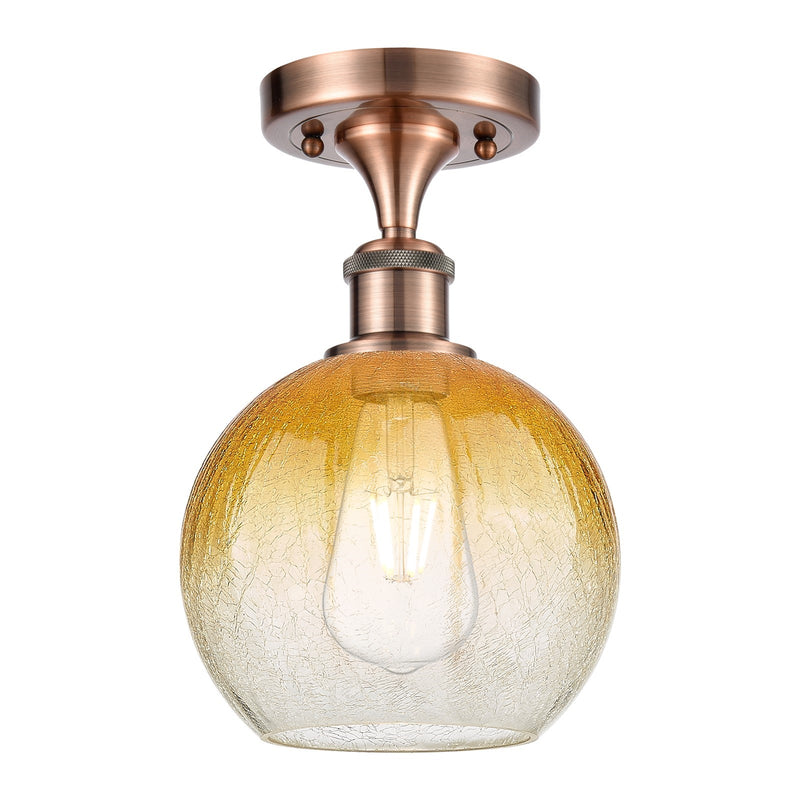 Innovations Brookhaven Globe 8in 1-Light Semi-Flush Mount | Industrial Antique Copper and Amber Glass | Entryway & Hallway | Model 516-1C-AC-G483-8AM