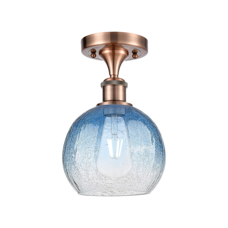 Innovations Brookhaven Globe 8in 1-Light Semi-Flush Mount | Industrial Antique Copper and Sapphire Blue Glass | Entryway | Model 516-1C-AC-G483-8SB