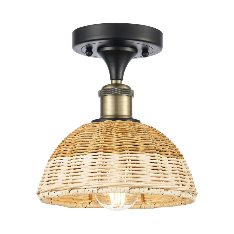 Innovations Bristol Natural II 7.5in 1-Light Semi-Flush | Industrial Black Antique Brass and Natural Fiber Dome | Model 516-1C-BAB-NBD2-75-NAT