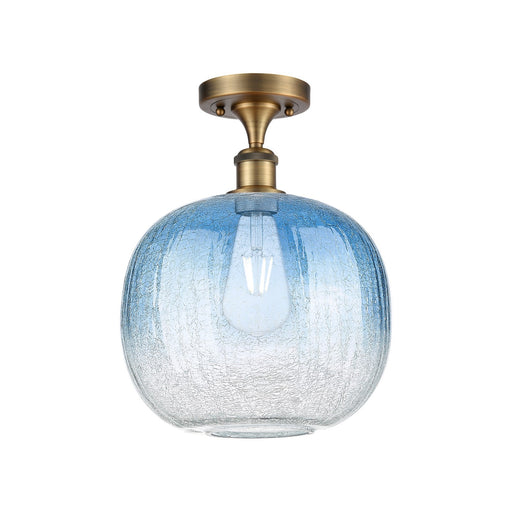 Innovations Brookhaven Sphere 10.5in 1-Light Semi-Flush | Industrial Brushed Brass and Sapphire Blue Glass | Kitchen | Model 516-1C-BB-G481-10SB