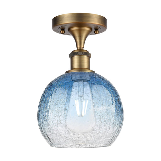 Innovations Brookhaven Globe 7.88in 1-Light Semi-Flush | Industrial Brushed Brass and Sapphire Blue Glass | Kitchen | Model 516-1C-BB-G483-8SB