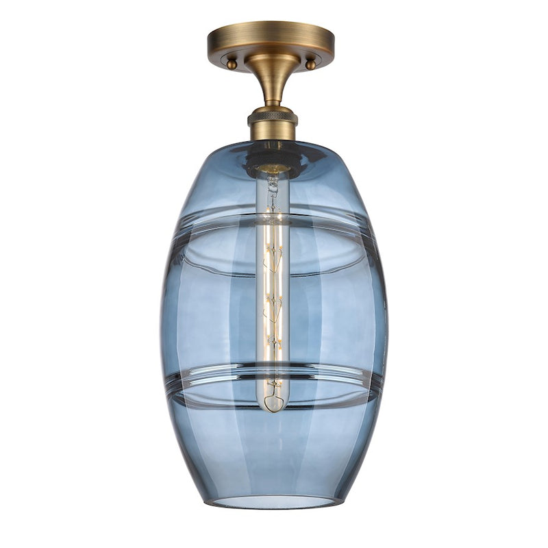 Innovations Lighting Vaz 8in 1-Light Semi-Flush Mount | Industrial Brushed Brass Steel and Princess Blue Glass | Hallway & | Model 516-1C-BB-G557-8BL