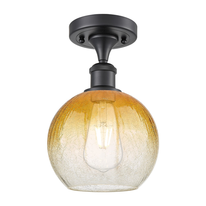 Innovations Brookhaven Globe 7.88in 1-Light Semi-Flush | Industrial Matte Black and Amber Glass | Kitchen & Hallway | Model 516-1C-BK-G483-8AM