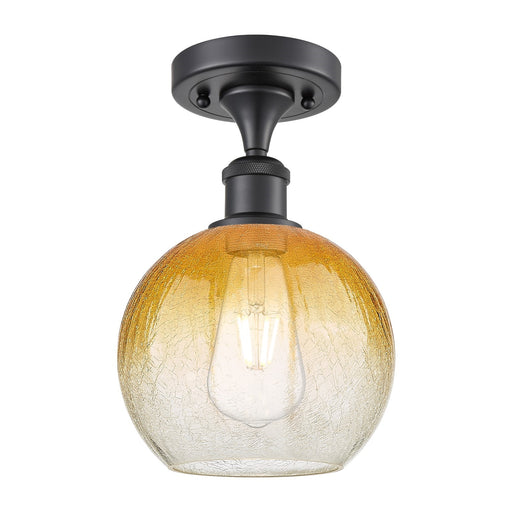 Innovations Brookhaven Globe 7.88in 1-Light Semi-Flush | Industrial Matte Black and Amber Glass | Kitchen & Hallway | Model 516-1C-BK-G483-8AM
