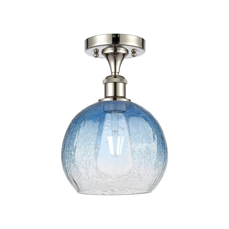 Innovations Brookhaven Globe 7.8in 1-Light Semi-Flush | Industrial Polished Nickel and Sapphire Blue Glass | Hallway | Model 516-1C-PN-G483-8SB