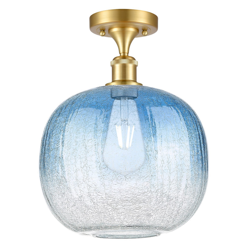 Innovations Brookhaven Sphere 10.5in 1-Light Semi-Flush | Industrial Satin Gold and Sapphire Blue Glass | Hallway | Model 516-1C-SG-G481-10SB
