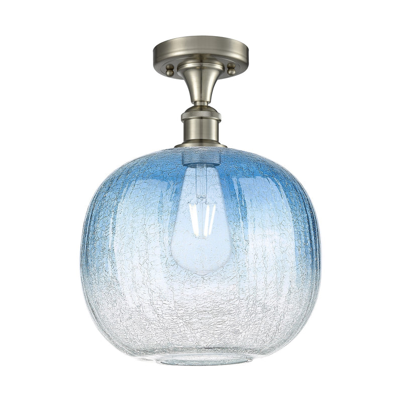 Innovations Brookhaven Sphere 10in 1-Light Semi-Flush | Industrial Brushed Satin Nickel and Sapphire Blue Glass | Living | Model 516-1C-SN-G481-10SB