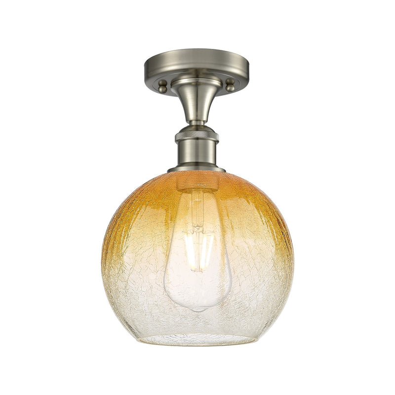 Innovations Brookhaven Globe 7.88in 1-Light Semi-Flush | Industrial Brushed Satin Nickel and Amber Glass | Hallway | Model 516-1C-SN-G483-8AM
