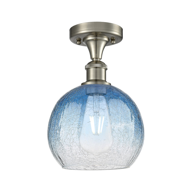 Innovations Brookhaven Globe 7.88in 1-Light Semi-Flush | Industrial Brushed Satin Nickel and Sapphire Blue Glass | Hallway | Model 516-1C-SN-G483-8SB