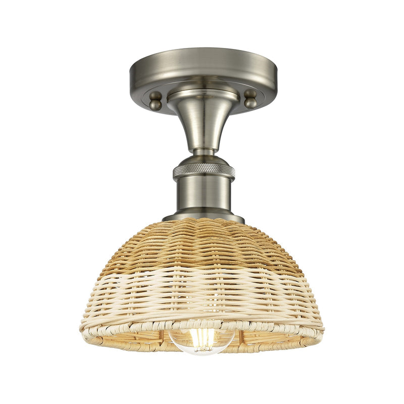 Innovations Bristol Natural II 8in 1-Light Semi-Flush | Industrial Brushed Satin Nickel and Natural Fiber Dome Shade | Model 516-1C-SN-NBD2-75-NAT