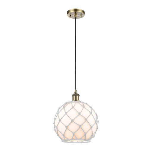 Innovations Farmhouse Rope 10in 1-Light Mini Pendant | Antique Brass and White Glass with White Rope Shade | Kitchen | Model 516-1P-AB-G121-10RW