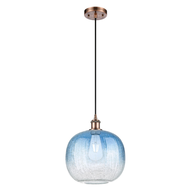 Innovations Brookhaven Sphere 10.5in 1-Light Mini Pendant | Industrial Antique Copper and Sapphire Blue Glass | Kitchen | Model 516-1P-AC-G481-10SB