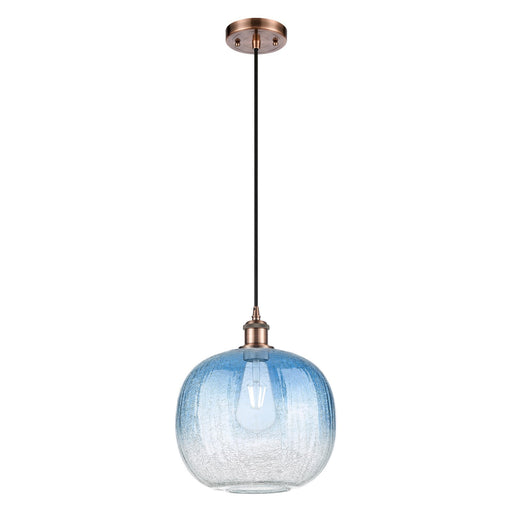 Innovations Brookhaven Sphere 10.5in 1-Light Mini Pendant | Industrial Antique Copper and Sapphire Blue Glass | Kitchen | Model 516-1P-AC-G481-10SB