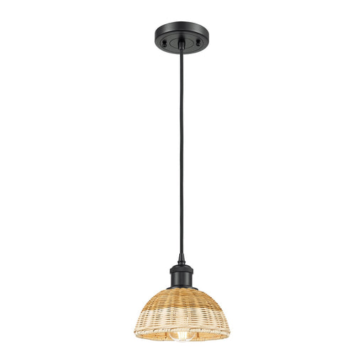 Innovations Bristol Natural II 7.5in 1-Light Mini Pendant | Industrial Matte Black and Natural Fiber Dome | Kitchen | Model 516-1P-BK-NBD2-75-NAT