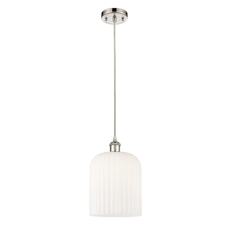 Innovations Bridal Veil 5in 1-Light Mini Pendant | Art Nouveau Polished Nickel and Gloss White Ribbed Glass | Kitchen Island & | Model 516-1P-PN-G559-8GWH