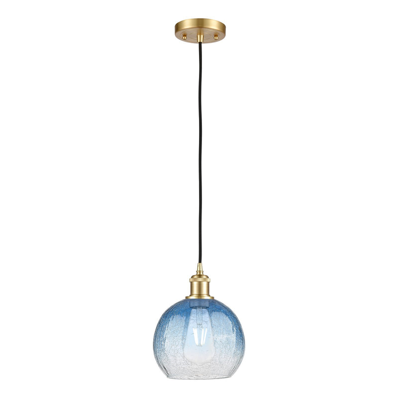 Innovations Brookhaven Globe 8in 1-Light Mini Pendant | Industrial Satin Gold and Sapphire Blue Glass | Kitchen Island | Model 516-1P-SG-G483-8SB