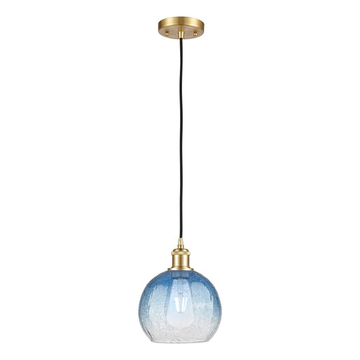 Innovations Brookhaven Globe 8in 1-Light Mini Pendant | Industrial Satin Gold and Sapphire Blue Glass | Kitchen Island | Model 516-1P-SG-G483-8SB