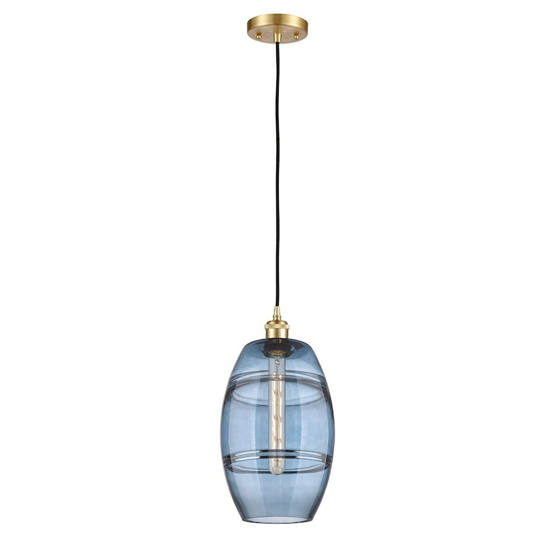 Innovations Vaz 8in 1-Light Mini Pendant | Industrial Satin Gold Steel and Princess Blue Glass | Kitchen Island & Dining Room | Model 516-1P-SG-G557-8BL