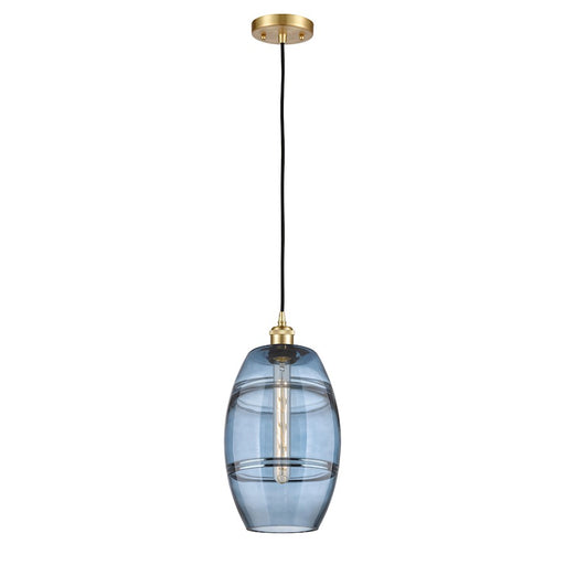 Innovations Vaz 8in 1-Light Mini Pendant | Industrial Satin Gold Steel and Princess Blue Glass | Kitchen Island & Dining Room | Model 516-1P-SG-G557-8BL
