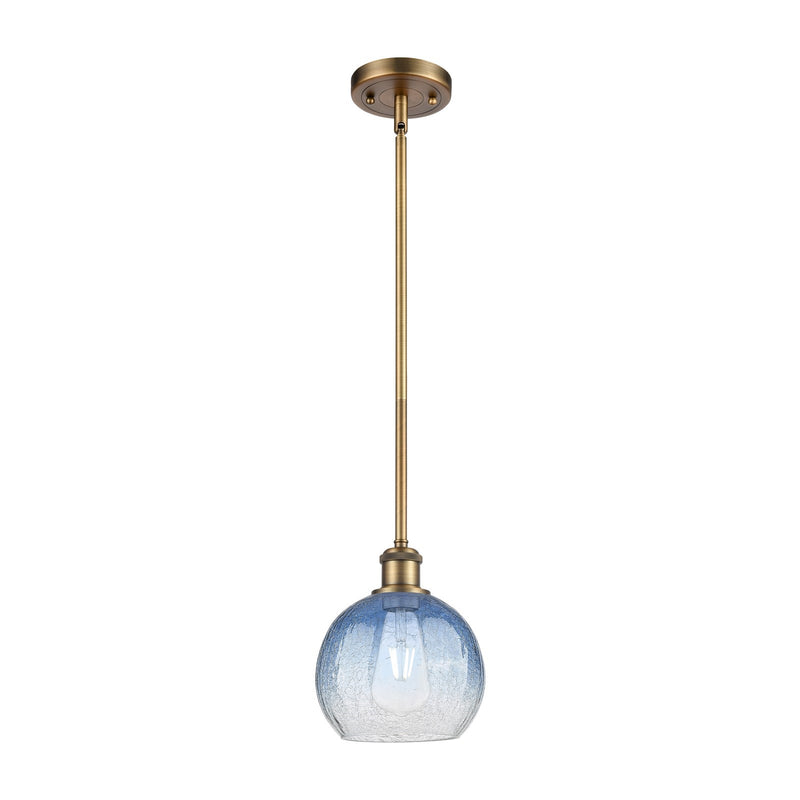 Innovations Brookhaven Globe 7.88in 1-Light Mini Pendant | Industrial Brushed Brass and Sapphire Blue Glass | Kitchen | Model 516-1S-BB-G483-8SB