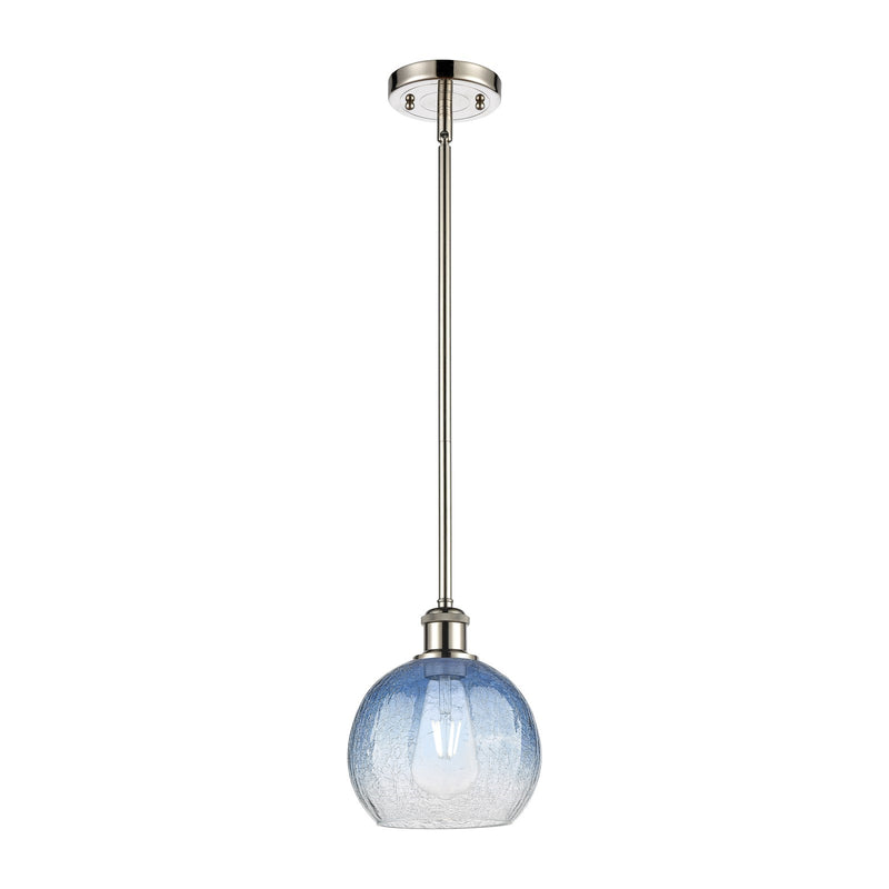 Innovations Brookhaven Globe 7.9in 1-Light Mini Pendant | Industrial Brushed Satin Nickel and Sapphire Blue Glass | Model 516-1S-SN-G483-8SB