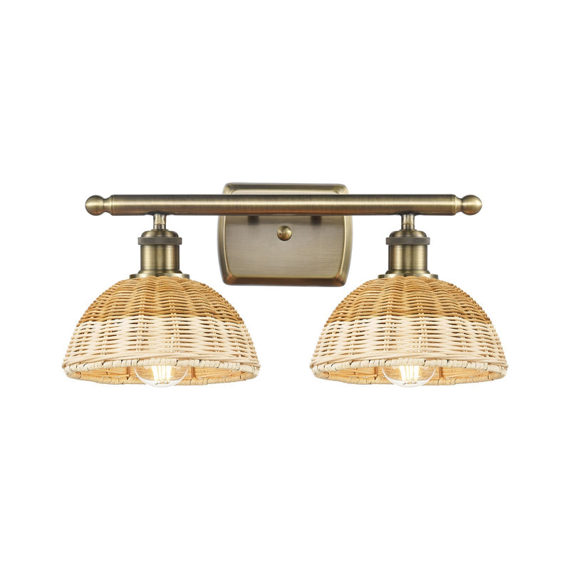 Innovations Bristol Natural II 18in 2-Light Bath Vanity Light | Industrial Antique Brass and Natural Fiber Shade | Model 516-2W-AB-NBD2-75-NAT