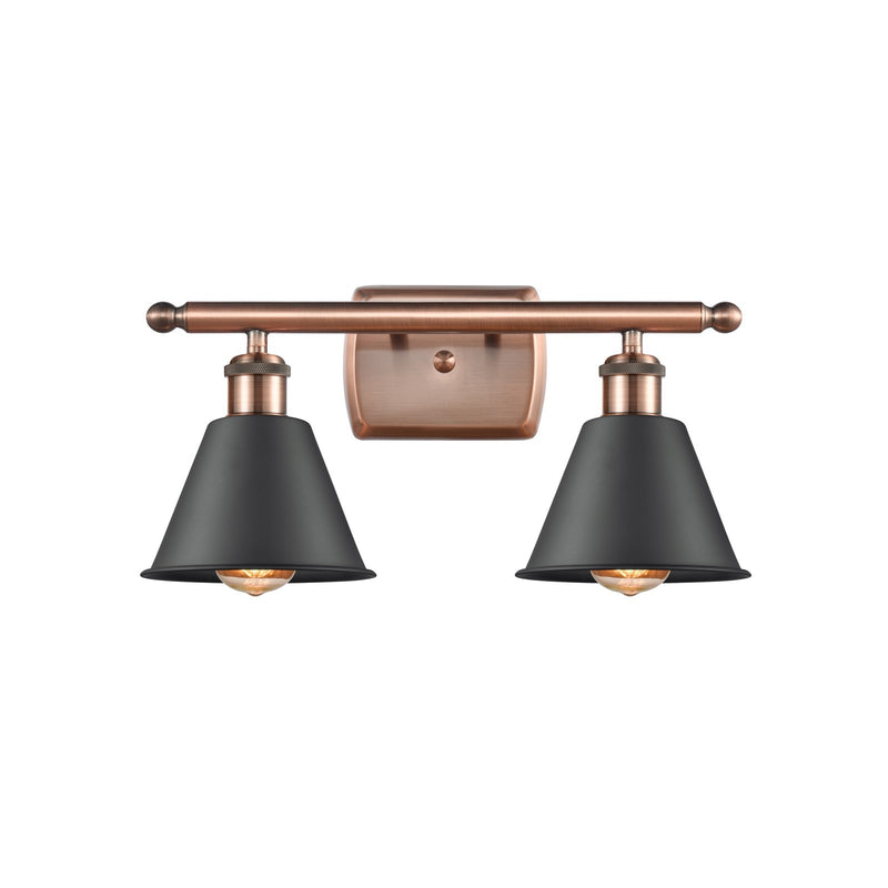 Innovations Lighting Smithfield 16in 2-Light Bath Vanity | Industrial Antique Copper and Matte Black Metal Shade | Model 516-2W-AC-M8-BK-LED
