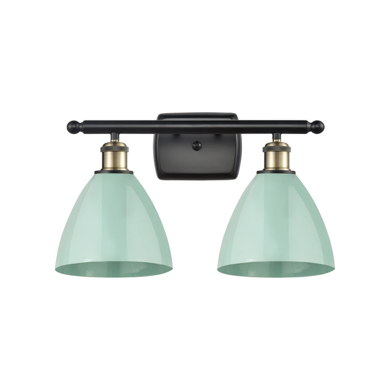 Innovations Plymouth 17.5in 2-Light Bath Vanity Light | Industrial Black Antique Brass and Matte Seafoam Metal Shade | Model 516-2W-BAB-MBD-75-SF