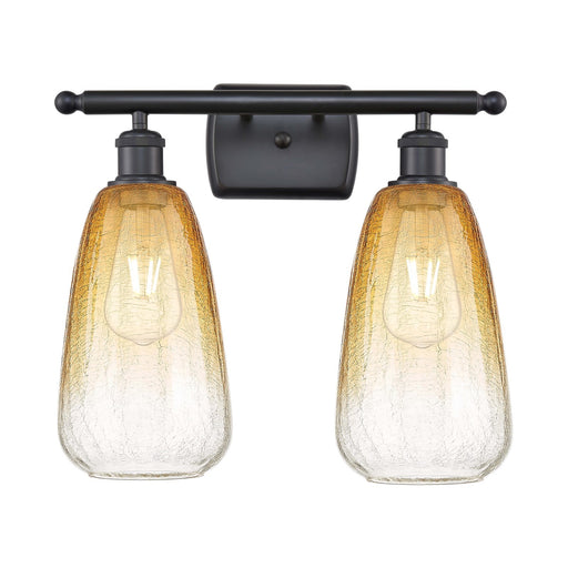 Innovations Brookhaven Almond 16in 2-Light Bath Vanity Light | Industrial Matte Black and Amber Glass Globe Shade | Model 516-2W-BK-G480-6AM