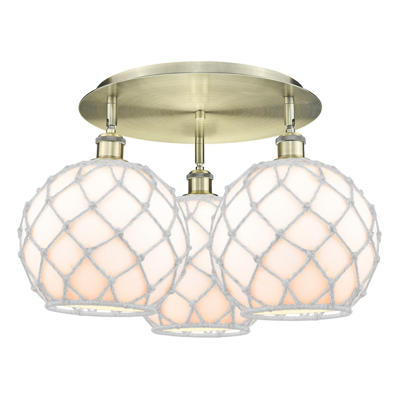 Innovations Farmhouse Rope 22in 3-Light Semi-Flush | Industrial Antique Brass and White Glass Rope | Kitchen & Dining | Model 516-3C-AB-G121-10RW