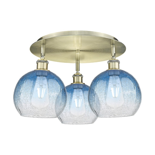 Innovations Brookhaven Globe 20in 3-Light Semi-Flush Mount | Industrial Antique Brass and Sapphire Blue Glass | Kitchen | Model 516-3C-AB-G483-8SB