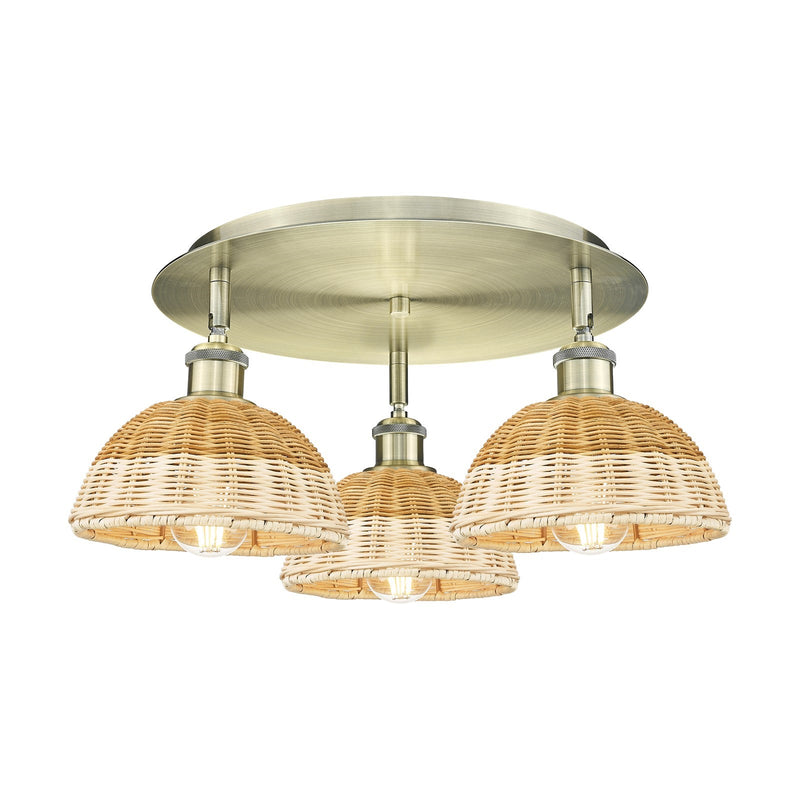 Innovations Bristol Natural II 19in 3-Light Semi-Flush Mount | Industrial Antique Brass and Natural Fiber Dome Shade | Model 516-3C-AB-NBD2-75-NAT