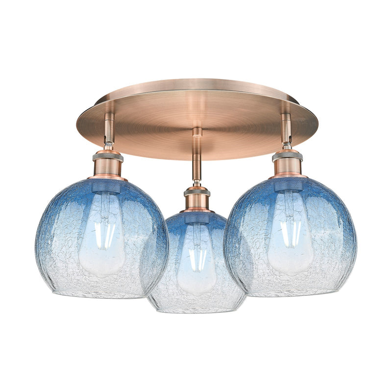 Innovations Brookhaven Globe 19.625in 3-Light Semi-Flush | Industrial Antique Copper and Sapphire Blue Glass | Living Room | Model 516-3C-AC-G483-8SB