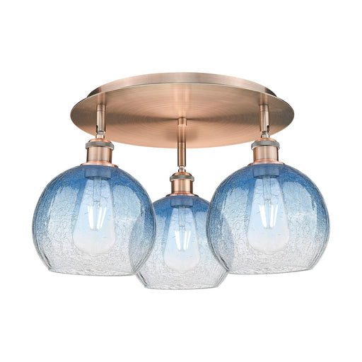 Innovations Brookhaven Globe 19.625in 3-Light Semi-Flush | Industrial Antique Copper and Sapphire Blue Glass | Living Room | Model 516-3C-AC-G483-8SB