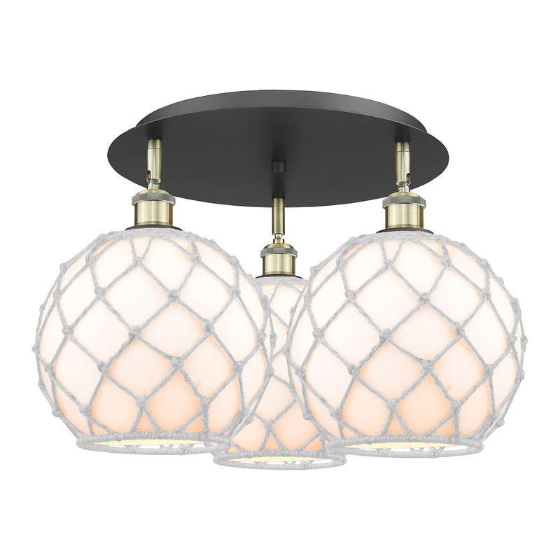 Innovations Farmhouse Rope 22in 3-Light Semi-Flush | Industrial Black Antique Brass and White Glass with White Rope | Model 516-3C-BAB-G121-10RW