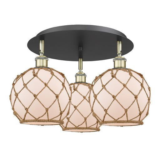 Innovations Ballston Farmhouse Rope 20in 3-Light Semi-Flush Mount | Industrial Black Antique Brass and White Glass with | Model 516-3C-BAB-G121-8RB