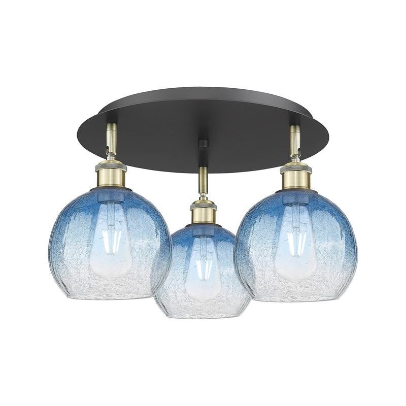 Innovations Brookhaven Globe 19.625in 3-Light Semi-Flush | Industrial Black Antique Brass and Sapphire Blue Glass | Model 516-3C-BAB-G483-8SB