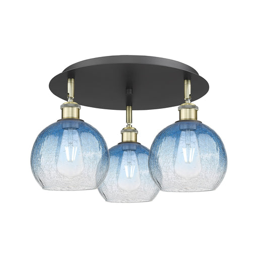 Innovations Brookhaven Globe 19.625in 3-Light Semi-Flush | Industrial Black Antique Brass and Sapphire Blue Glass | Model 516-3C-BAB-G483-8SB