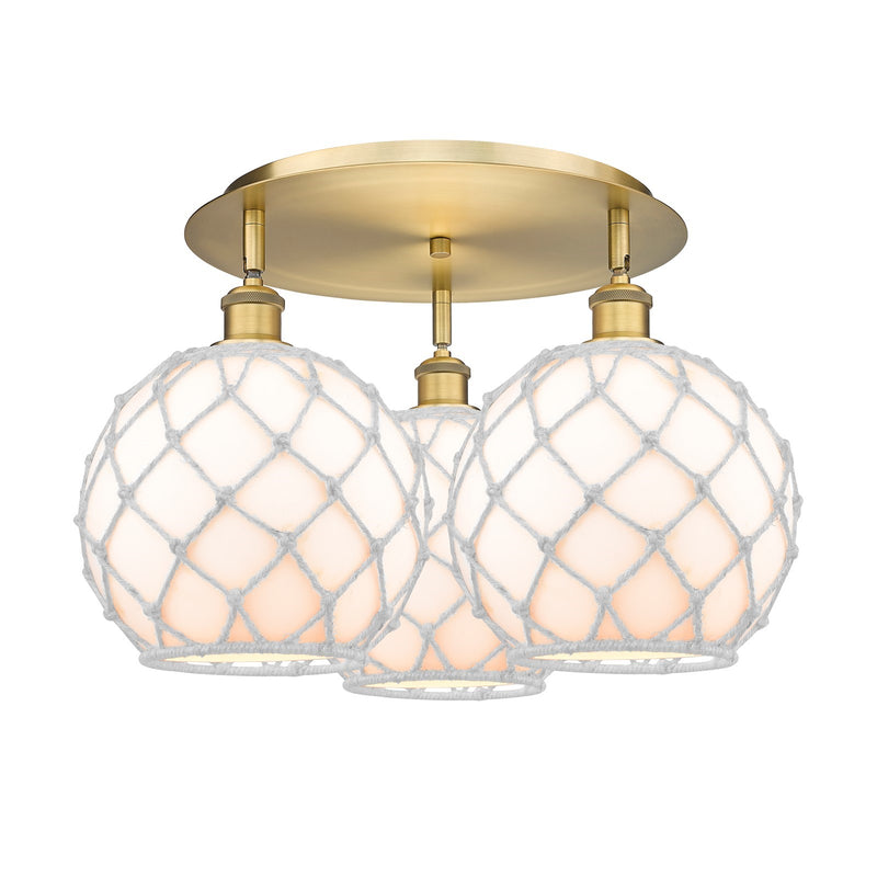 Innovations Farmhouse Rope 22in 3-Light Semi-Flush Mount | Industrial Brushed Brass and White Glass with White Rope | Model 516-3C-BB-G121-10RW