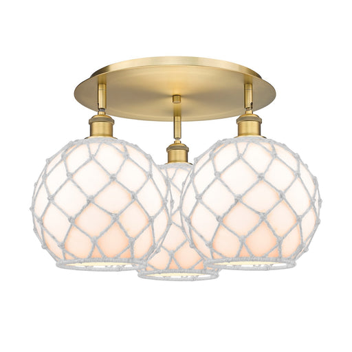 Innovations Farmhouse Rope 22in 3-Light Semi-Flush Mount | Industrial Brushed Brass and White Glass with White Rope | Model 516-3C-BB-G121-10RW