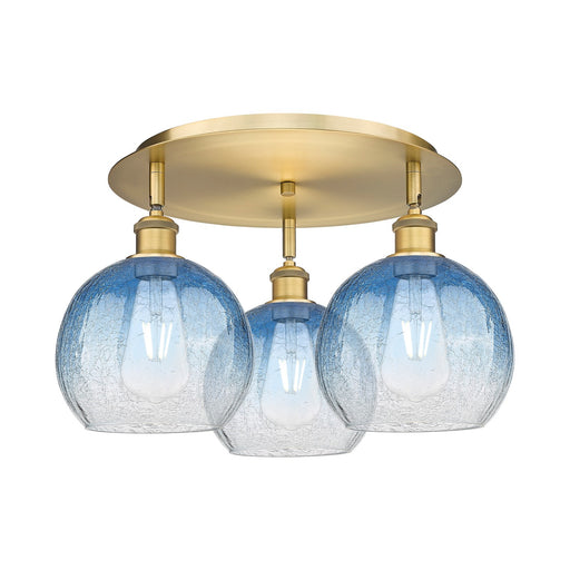 Innovations Brookhaven Globe 19in 3-Light Semi-Flush | Industrial Brushed Brass and Sapphire Blue Glass | Kitchen & Dining | Model 516-3C-BB-G483-8SB