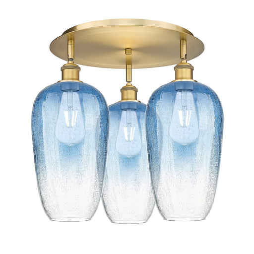 Innovations Brookhaven Flute 18in 3-Light Semi-Flush | Industrial Brushed Brass and Sapphire Blue Glass | Kitchen & Dining | Model 516-3C-BB-G484-7SB
